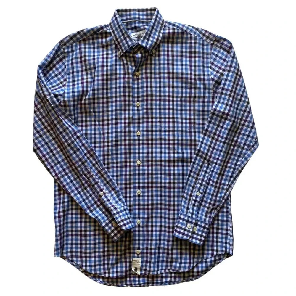 Peter Millar Long Sleeve Button Down Purple Blue White Plaid Dry Size Medium
